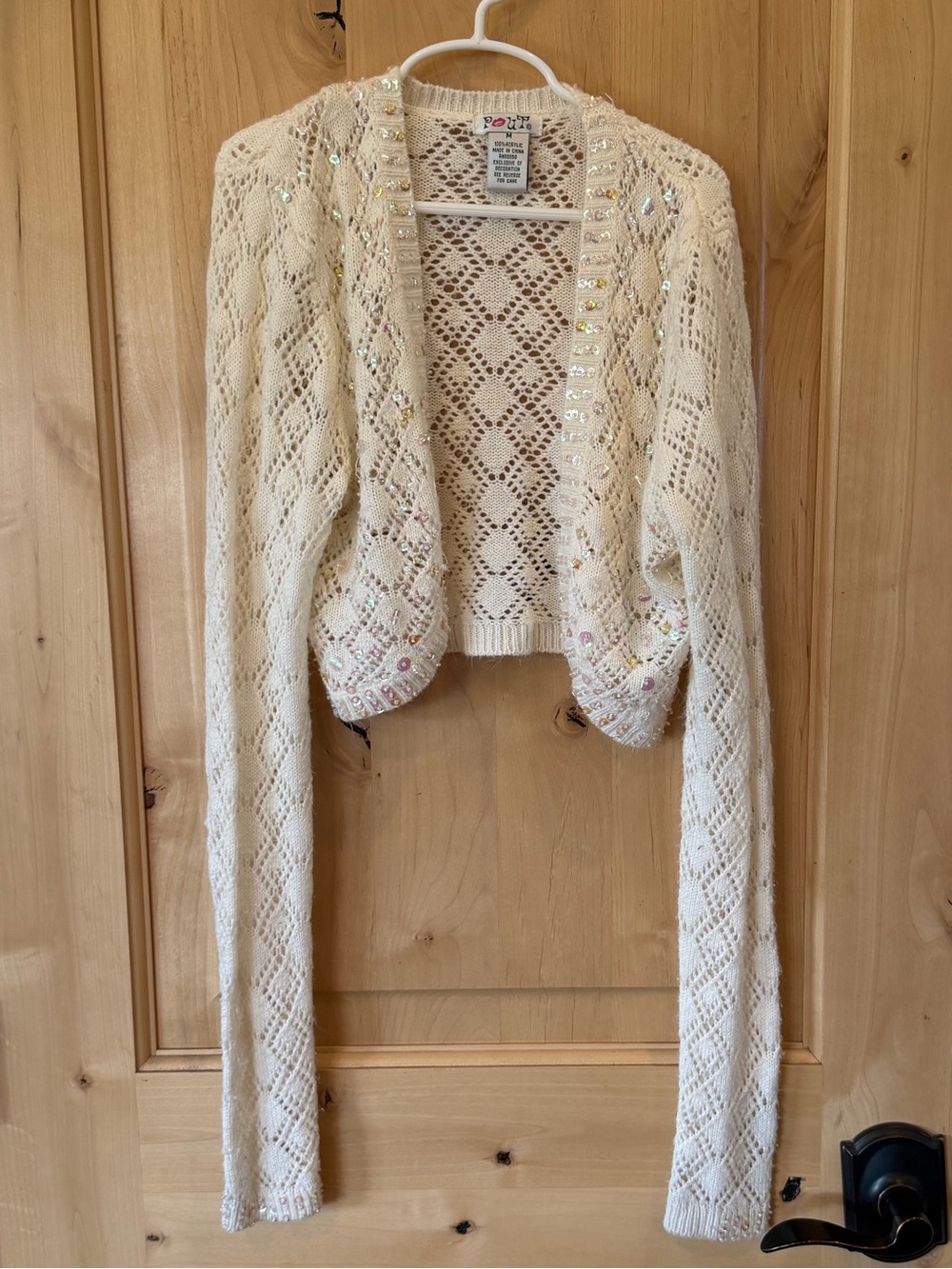 Pout, Knit Openwork Cropped Cardigan Sweater - Cream